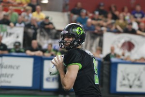 Dane Simoneau looking to pass downfield. (Photo Courtesy of Aaron's Photography/Salina Bombers)