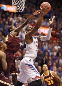 Freshman center Joel Embiid recorded KU's first double-double of the season with 16 points and 13 boards against Iona. (courtesy kuathletics.com)
