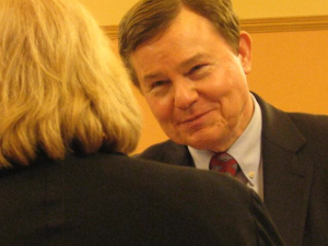 Photo by Dave Ranney Steve Kelly, president and CEO of Newton Medical Center, talks with Concannon after Wednesday's hearing. - See more at: http://www.khi.org/news/article/former-brownback-cabinet-secretary-testifies-for-medicaid-expansion#sthash.8ETC2nBT.dpuf