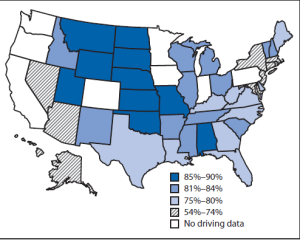 FIGURE. Percentage of high school students aged ≥16 years who reported driving a car or other vehicle during the 30 days before the survey — Youth Risk Behavior Surveys, 42 states,* 2013 