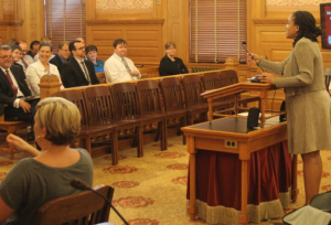 Photo by Andy Marso The number of people waiting for Medicaid coverage of physical disability services was among the topics at a National Council on Disability hearing earlier this month in Topeka. Seated second from left at the hearing was Kari Bruffett, secretary of the Kansas Department for Aging and Disability Services, who said the waiting list for those services is down to about 1,500 Kansans.