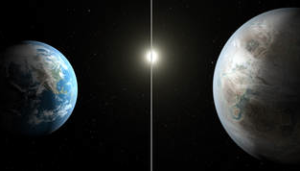This artist's concept compares Earth (left) to the new planet, called Kepler-452b, which is about 60 percent larger in diameter. Credits: NASA/JPL-Caltech/T. Pyle