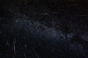 Astronomer Fred Bruenjes recorded a series of many 30 second long exposures spanning about six hours on the night of Aug. 11 and early morning of Aug. 12, 2004 using a wide angle lens. Combining those frames which captured meteor flashes, he produced this dramatic view of the Perseids of summer. There are 51 Perseid meteors in the composite image, including one seen nearly head-on. Credits: Fred Bruenjes