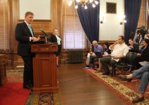 Photo by Dave Ranney Shawn Sullivan, Gov. Sam Brownback’s budget director, outlined $63 million in budget changes during a recent news conference at the Statehouse. 