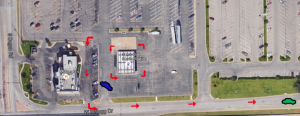 A map showing approximate locations of the incident. The blue is where the traffic stop originally occurred, the red arrows show where the suspect drove when he fled and the green is where the suspect vehicle stopped.-click to enlarge