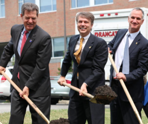Breaking ground for KU Med Center's new education building Thursday were, from left, Kansas Gov. Sam Brownback, Lt. Gov. Jeff Colyer, and Dr. Robert Simari, executive dean of the School of Medicine, MIKE SHERRY HEARTLAND HEALTH MONITOR