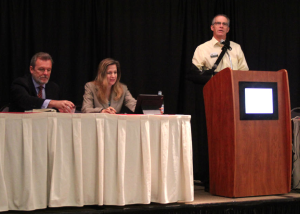 Kansas officials participating in a listening tour on proposed changes to Medicaid waivers for people with seven categories of disabilities included, from left, Mike Randol, director of the division of health care finance at KDHE; KDHE Secretary Susan Mosier; and Kevin Bomhoff, director of strategic development at Wichita State University's Center for Community Support and Research. CREDIT ANDY MARSO / HEARTLAND HEALTH MONITOR