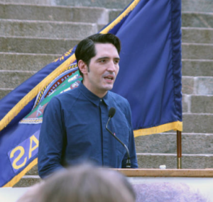 Actor David Dastmalchian spoke Friday outside the Statehouse at a rally highlighting mental health and addiction treatment options in Kansas. SUSIE FAGAN HEARTLAND HEALTH MONITOR