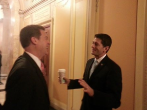 Gov. Brownback catching a few smiles with friend, former staffer, and soon-to-be Speaker Paul Ryan before his swearing in ceremony Thursday morning.