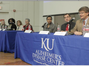 Photo by Mike Sherry/Heartland Health Monitor Dr. Jeffrey Burns, far right, spoke about work at the University of Kansas Alzheimer's Disease Center at a public forum Monday on the KU Medical Center campus in Kansas City, Kan. Seated with Burns were Dr. Russell Swerdlow, director of the Alzheimer's center, and Linda Elam, of the U.S. Department of Health and Human Services. -