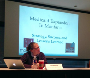 Photo by Andy Marso Kim Abbott of the Montana Human Rights Network, left, and Tara Jensen of the Montana Budget and Policy Center spoke Monday in Topeka about efforts behind their state’s recently approved Medicaid expansion plan