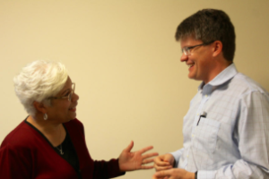 Barbara Walker talks with Jeffrey Burns, a neurologist and co-director of the KU Alzheimer's Disease Center, during a visit Thursday to the center. Walker, of Lee's Summit, is participating in one of the Alzheimer's clinical trials at KU. CREDIT ANDY MARSO / HEARTLAND HEALTH MONITOR