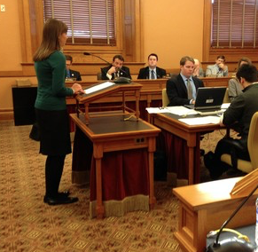 Amanda Gress, director of government relations for Kansas Action for Children, testifies in opposition to HB 2600, a bill to revise criteria for receiving public assistance in Kansas. Gress says the bill could create additional barriers for children needing a safety net.- photo by Miranda Davis, KU Statehouse Wire Service