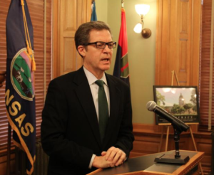 Photo by Andy Marso/KHI News Service Gov. Sam Brownback touted his administration’s policies — including reinstating a work requirement for food stamp recipients — as an alternative to what he described as a series of failed welfare policies dating back to President Lyndon B. Johnson’s “war on poverty” in the mid-1960s. 