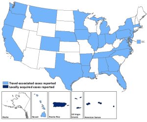 CDC image Laboratory-confirmed Zika virus disease cases reported to ArboNET by state or territory — United States, 2015–2016 (as of March 2, 2016) CLICK TO ENLARGE