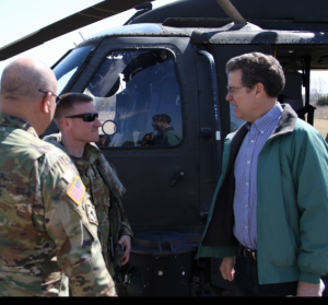 Gov. Sam Brownback and Maj. Gen. Lee Tafanelli, Kansas Adjutant General's Department, meet with 1st Battalion, 108th Aviation Regiment Soldiers fighting the wildfire-photo Kan. National Guard
