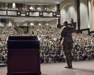 Lt. Gen. Robert Brown gave his final farewell speech as commanding general of the U.S. Army Combined Arms Center and Fort Leavenworth to the students attending the U.S. Army Command and General Staff College.- photos by Dan Neal/Ft. Leavenworth