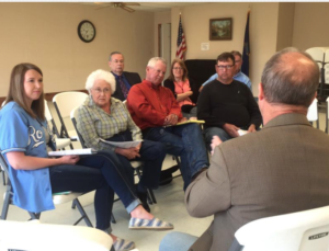 Photo by Jim McLean/KHI News Service Conservative Republican Sen. Forrest Knox faces voters during a “listening tour” stop in Gridley. After the event, Knox said, “The people of Kansas will decide the direction we go: Whether we continue down (the path of) reining in the unsustainable growth in state government, making our state attractive to business, or whether we go back to a faith in government and thinking that we can grow government and solve all of our problems.” -