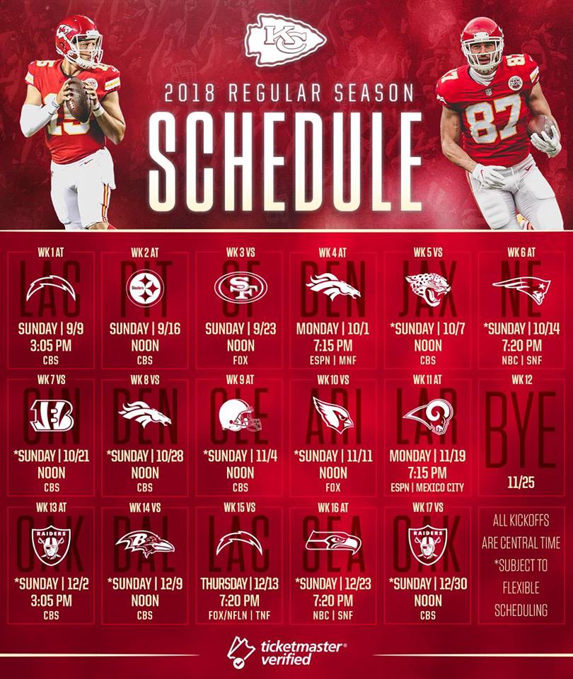 Chiefs 2018 Schedule Released Season Opener At LA Chargers The 