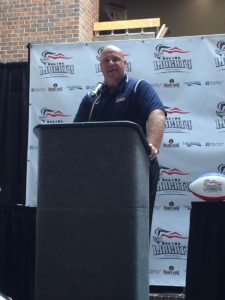 Salina Liberty Head Coach Eric Clayton speaks at Wednesday's press conference (Photo by Terry Tebrugge/Salina Post)