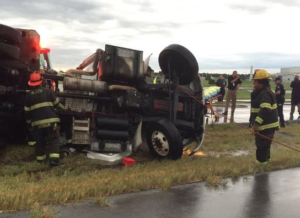 Winds blew this semi off the road in Sedgwick County photo courtesy KWCH