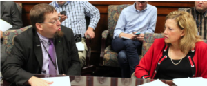 Kansas Elections Director Bryan Caskey and state Sen. Vicki Schmidt discuss the proposed voting rule during the Kansas Rules and Regulations Board meeting. STEPHEN KORANDA