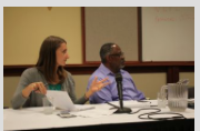 Photo by Andy Marso/KHI News Service Megan Buck, left, program services branch manager for the Centers for Medicare and Medicaid Services, and James G. Scott, associate regional administrator for CMS, heard comments about the state’s privatized Medicaid program during a Tuesday forum in Salina. The state plans to submit its KanCare renewal application in October to federal officials.