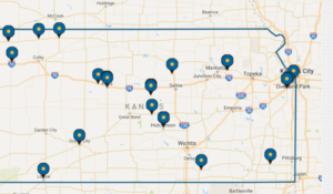 This map indicates where the Evangelical Lutheran Good Samaritan Society, a South Dakota-based nonprofit, operates in Kansas. Last week it filed a lawsuit over the Kansas Medicaid application backlog.