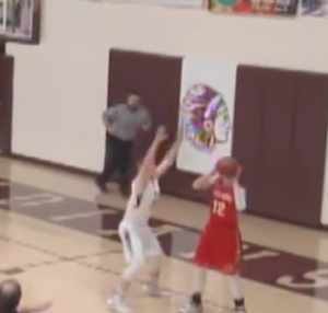 Indian mascot decorates the basketball gym at Hays High School