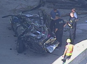 It happened about 10:30 a.m. when the vehicle jumped over a wall and went off a bridge on U.S. Highway 71 near the 85th Street exit- photo courtesy KCTV5