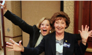 Photo by Stephen Koranda- Republican Senator Vicki Schmidt, left, and Republican Rep.-elect Brenda Dietrich celebrate their victories in Tuesday’s election at a party in Topeka.