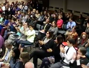 Large crowd at Monday's school board meeting-image courtesy Shawnee Mission School District