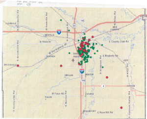 High lead blood cases in Saline County. The red dot represents result 5 ug/dL or over, green dot is under 5 ug/dL.