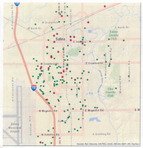 High lead blood cases with the Salina City Limits The red dot represents result 5 ug/dL or over, green dot is under 5 ug/dL.