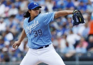 Kansas City Royals starting pitcher Luis Mendoza (39) delivers to a Houston Astros batter during the first inning of a baseball game at Kauffman Stadium in Kansas City, Mo., Sunday, June 9, 2013.