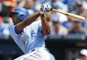 Kansas City Royals’ Lorenzo Cain watches his grand slam off Cleveland Indians starting pitcher Ubaldo Jimenez during the sixth inning at Kauffman Stadium in Kansas City Thursday. (AP Photo/Orlin Wagner)