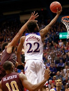 Andrew Wiggins rises above defense to score on Friday Night. (Kansas Athletics)