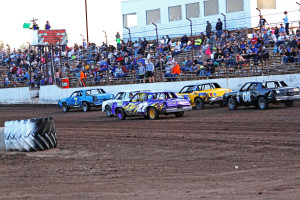  IMCA Hobby Stocks taking the green flag earlier this season at the Salina Speedway (Photo courtesy of Anthony Brockway, AB Grafix) 