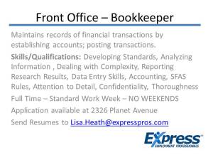 Front Office – Bookkeeper