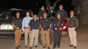 Pictured are the officers who helped in the recovery of the eagle. From L to R: Top row: Officer Vandermolen and Officer Rapp Front row: Deputy Manning (SCSO), Sgt. Beard, Sgt. Miller, Sgt. Kooser (SCSO), Sgt. Woodrow and Officer Kepley- photo Wichita Police