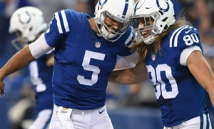Freeman wearing #5 on Sunday celebrates his touchdown pass- photo Indianapolis Colts