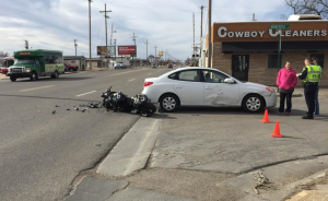 A motorcycle rider was injured in this accident Saturday afternoon (Photo by Terry Tebrugge/Salina Post)