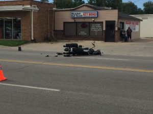 The rider of this motorcycle was hospitalized after being hit by a vehicle Wednesday afternoon (Photo by Terry Tebrugge/Salina Post)