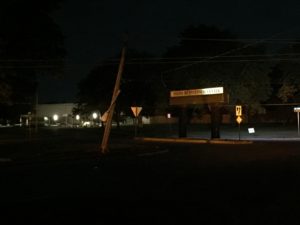 This power pole was struck by a vehicle late Friday night, which knocked out power across the city (Photos by Terry Tebrugge/Salina Post)