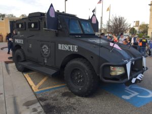The Salina Police Department's PUMA vehicle in its cat costume at Monday's 'Cops & Costumes' event (Photos by Terry Tebrugge/Salina Post)