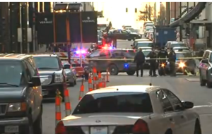 Police on the scene of the January 2015 bank robbery, carjacking -photo courtesy KSHB