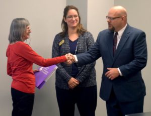Ruth Cathcart-Rake (left), a member of the Board of Directors of the Greater Salina Community Foundation, Salina Tech AO-K Coordinator Lara Duran and Salina Tech President Greg Nichols at Monday night’s meeting of the college’s Board of Trustees (Photo: Salina Tech)