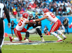 Derrick Johnson shown (left) with a tackle on Cam Newton. (Photo courtesy kcchiefs.com)